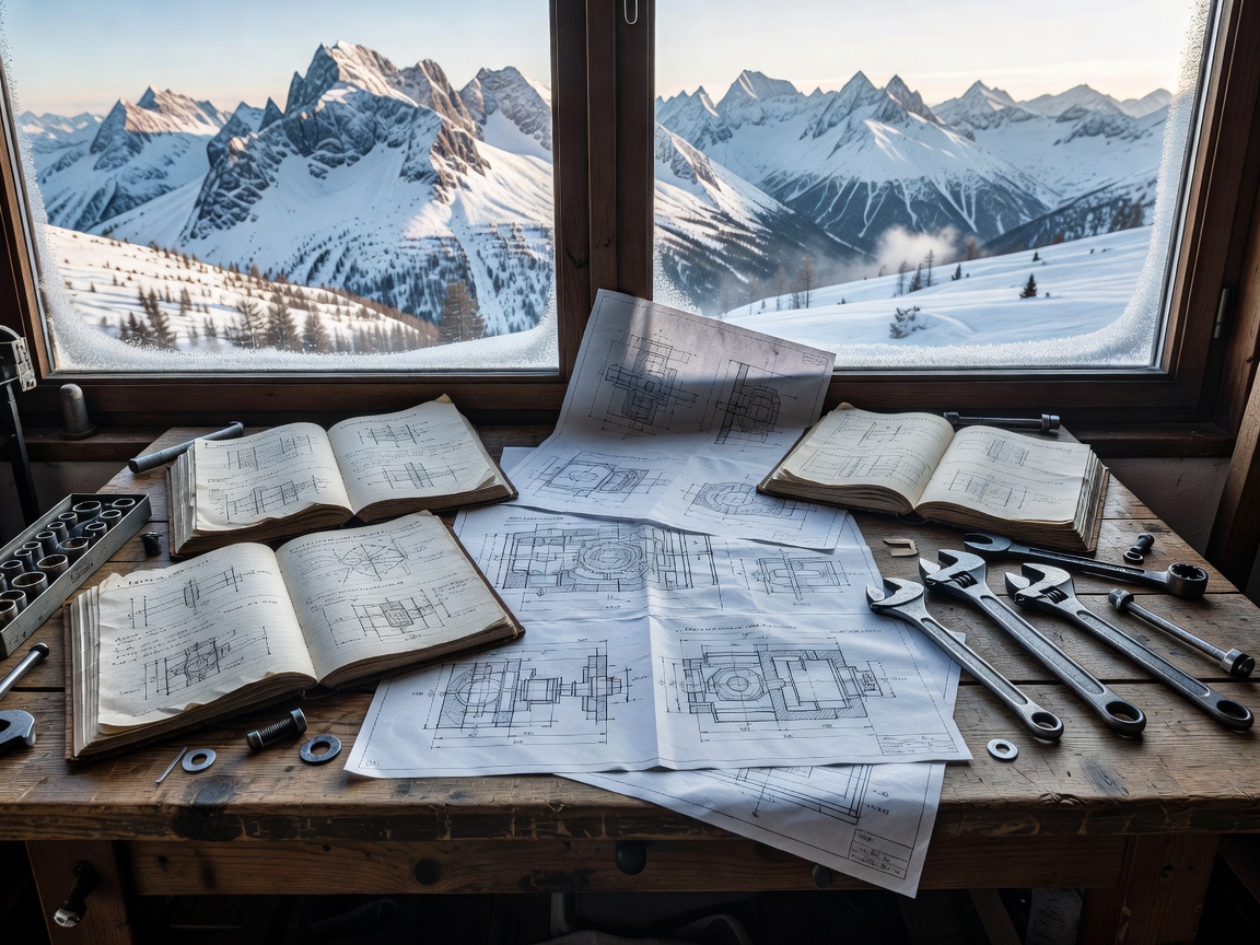 Detailed technical maintenance logbooks and mechanical blueprint schematics on an alpine workshop desk