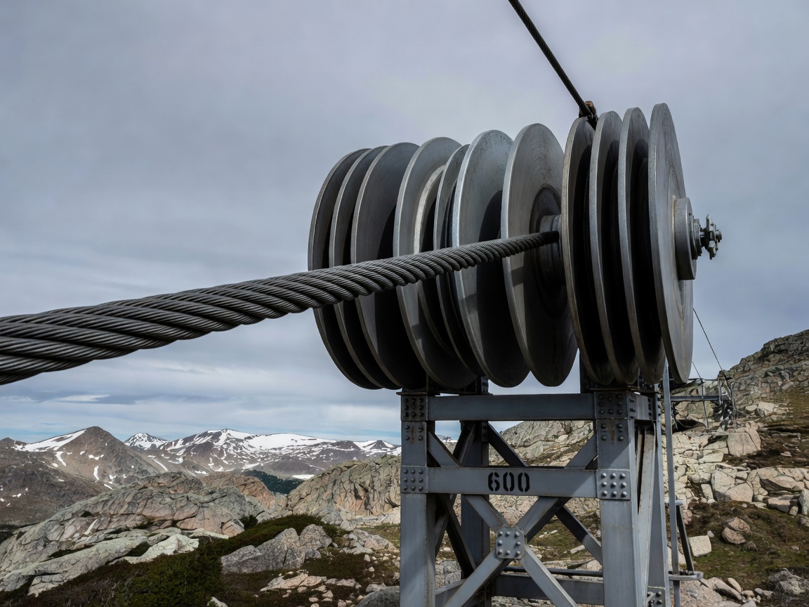 Heavy steel wire haul rope traveling across sheave battery wheels on mountain lift tower