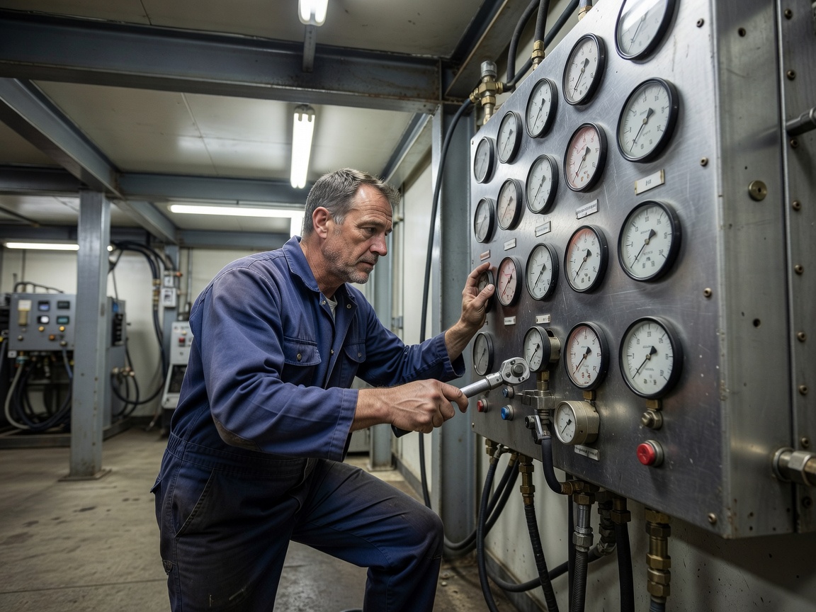 Lift technician checking hydraulic grip pressure gauges inside lift terminal station