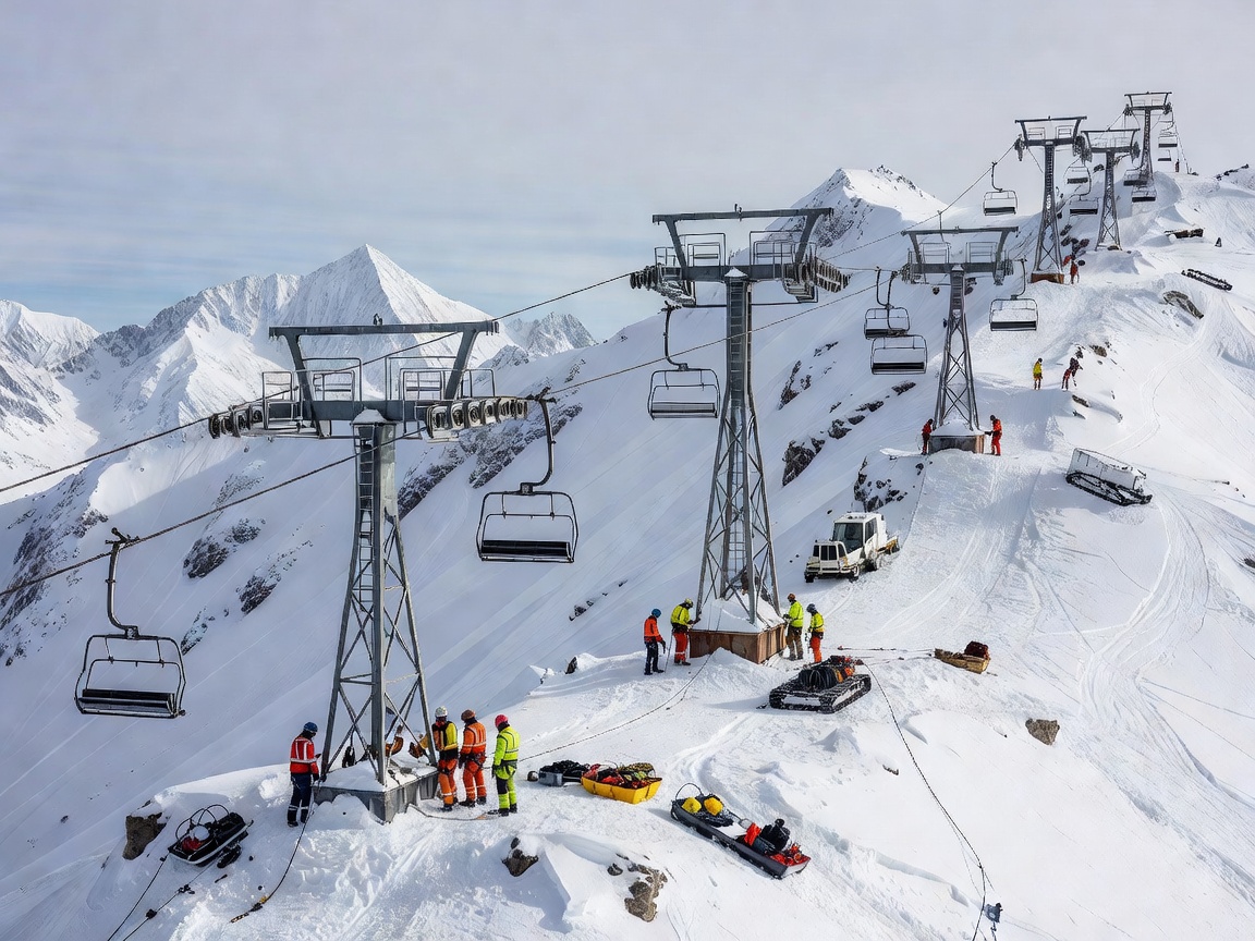 Mountain ski lift towers spanning steep snowy ridge during technical maintenance hours