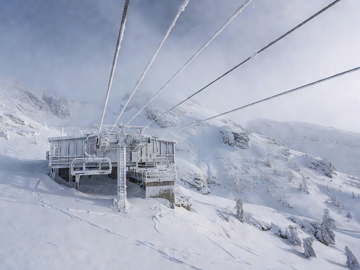 Sub-zero winter mountain landscape with frosty ski lift terminal and haul cables